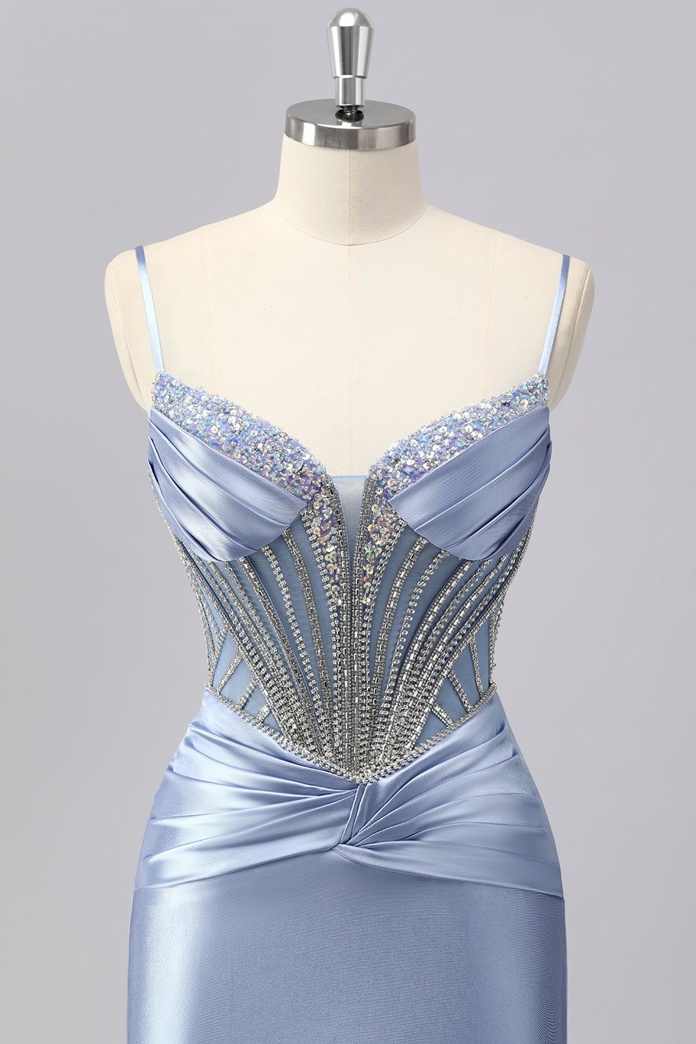 Sparkly Grey Blue Mermaid Spaghetti Straps Corset Long Prom Dress with Beading