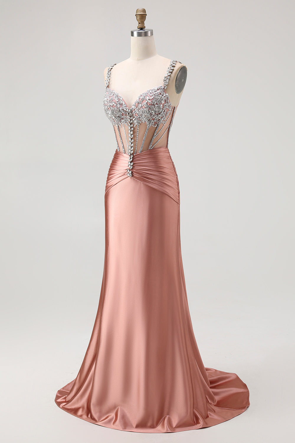 Sparkly Blush Spaghetti Straps Mermaid Beaded Satin Long Corset Prom Dress