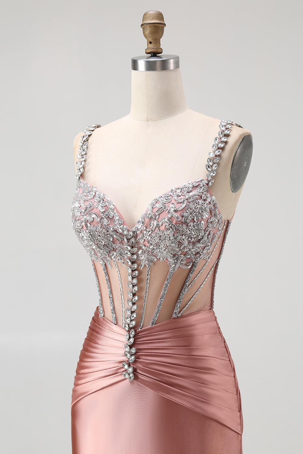 Sparkly Blush Spaghetti Straps Mermaid Beaded Satin Long Corset Prom Dress