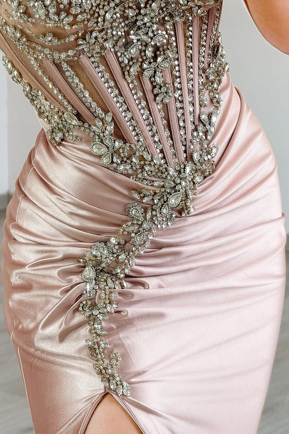 Sparkly Grey Pink Mermaid Corset Satin Long Prom Dress with Slit