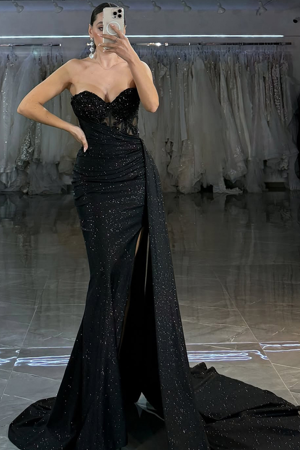Sparkly Black Corset Mermaid Sweetheart Long Prom Dress with Beading