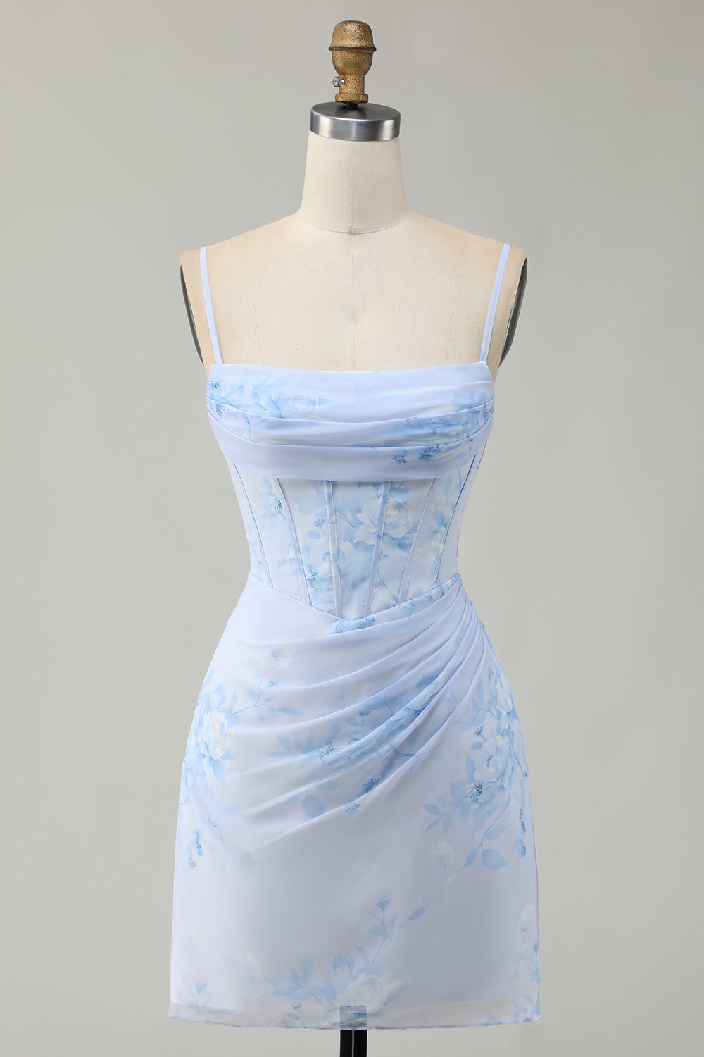 Floral Light Blue Tight Ruched Short Corset Homecoming Dress