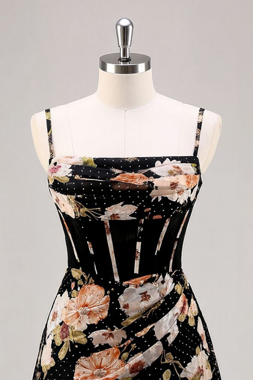 Sparkly Black Floral Printed Short Corset Homecoming Dress with Beading