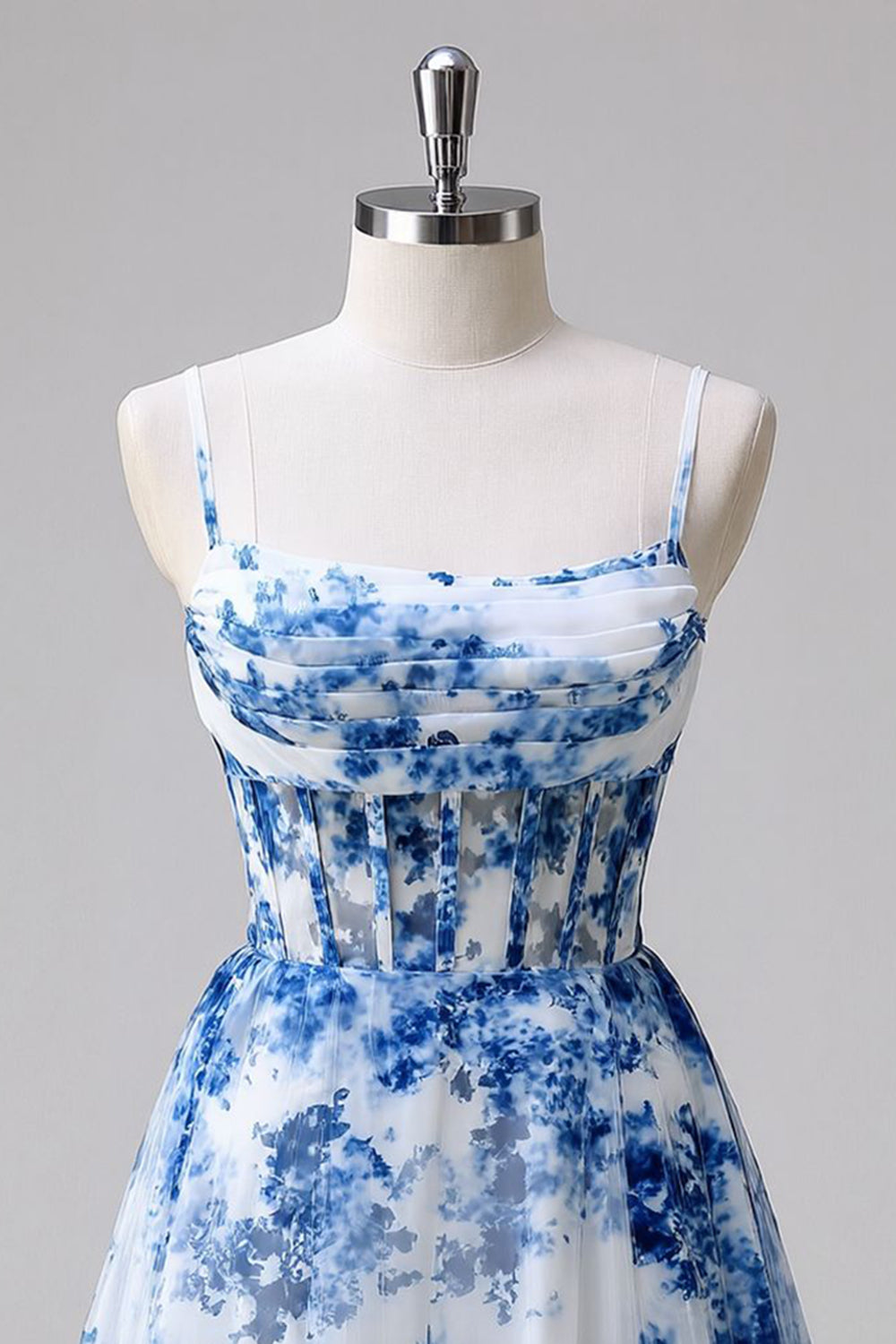 Blue Floral Ruched Tulle A Line Short Corset Homecoming Dress
