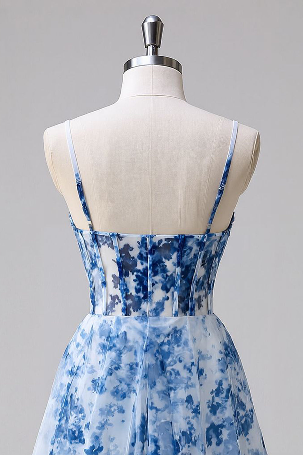 Blue Floral Ruched Tulle A Line Short Corset Homecoming Dress