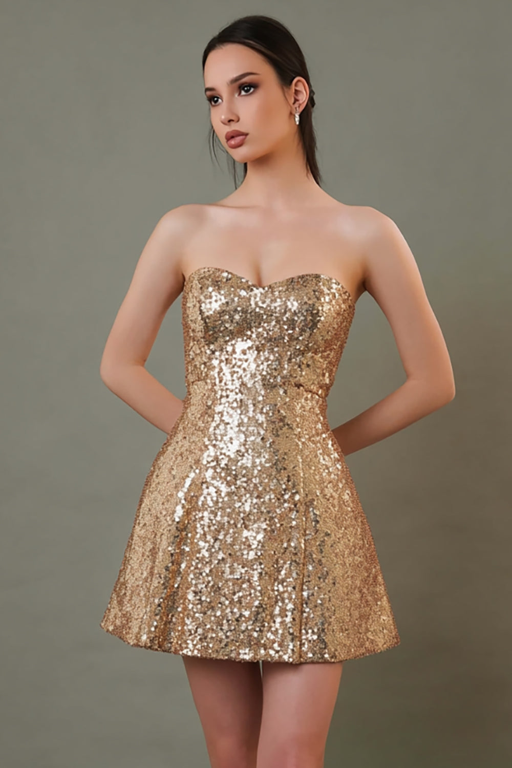 Sparkly Gold A-Line Sequin Sweetheart Mini Cocktail Dress