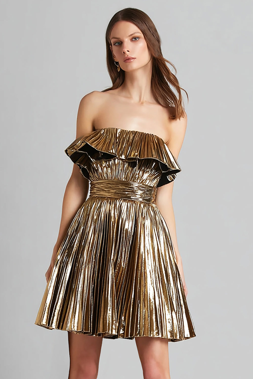 Sparkly Gold Metallic Pleated Ruffled Strapless A-Line Short Cocktail Dress