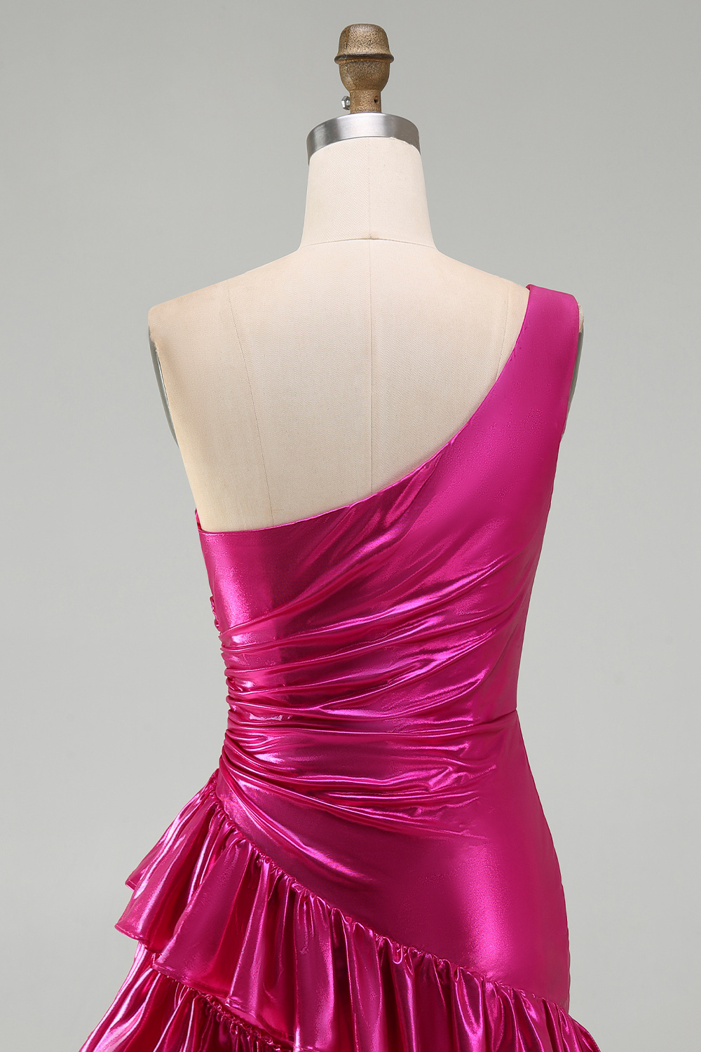 Sparkly Fuchsia Metallic Ruffled One Shoulder Tight Short Cocktail Dress