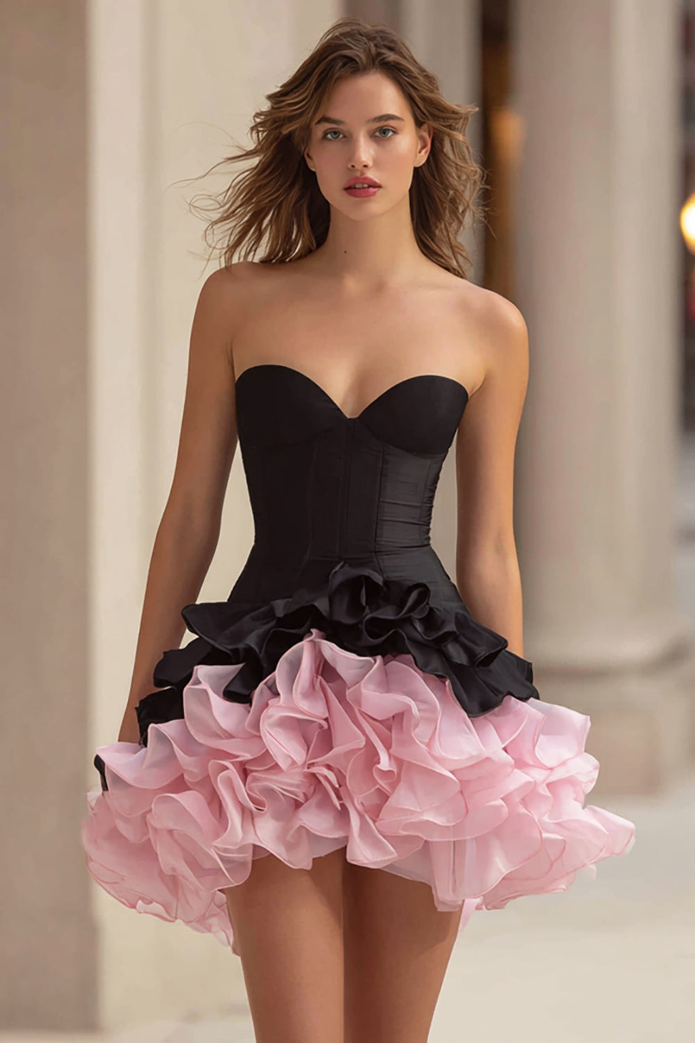 Black and Pink A-Line Satin Sweetheart Tiered Corset Short Cocktail Dress