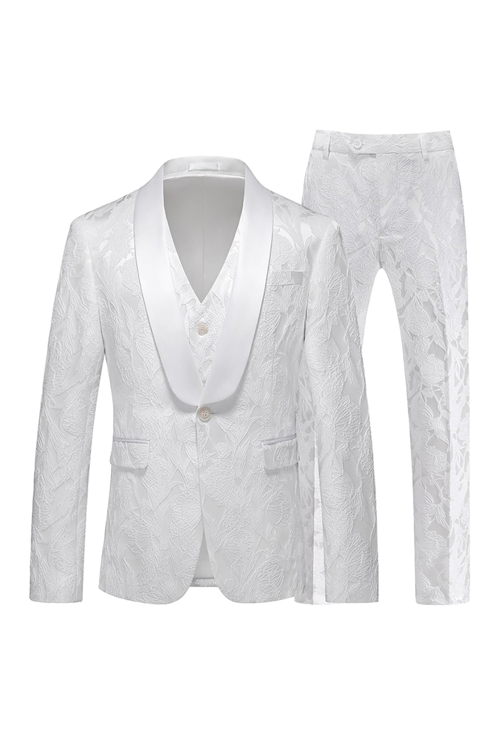 White Jacquard 3 Piece Shawl Lapel Prom Homecoming Men's Suits