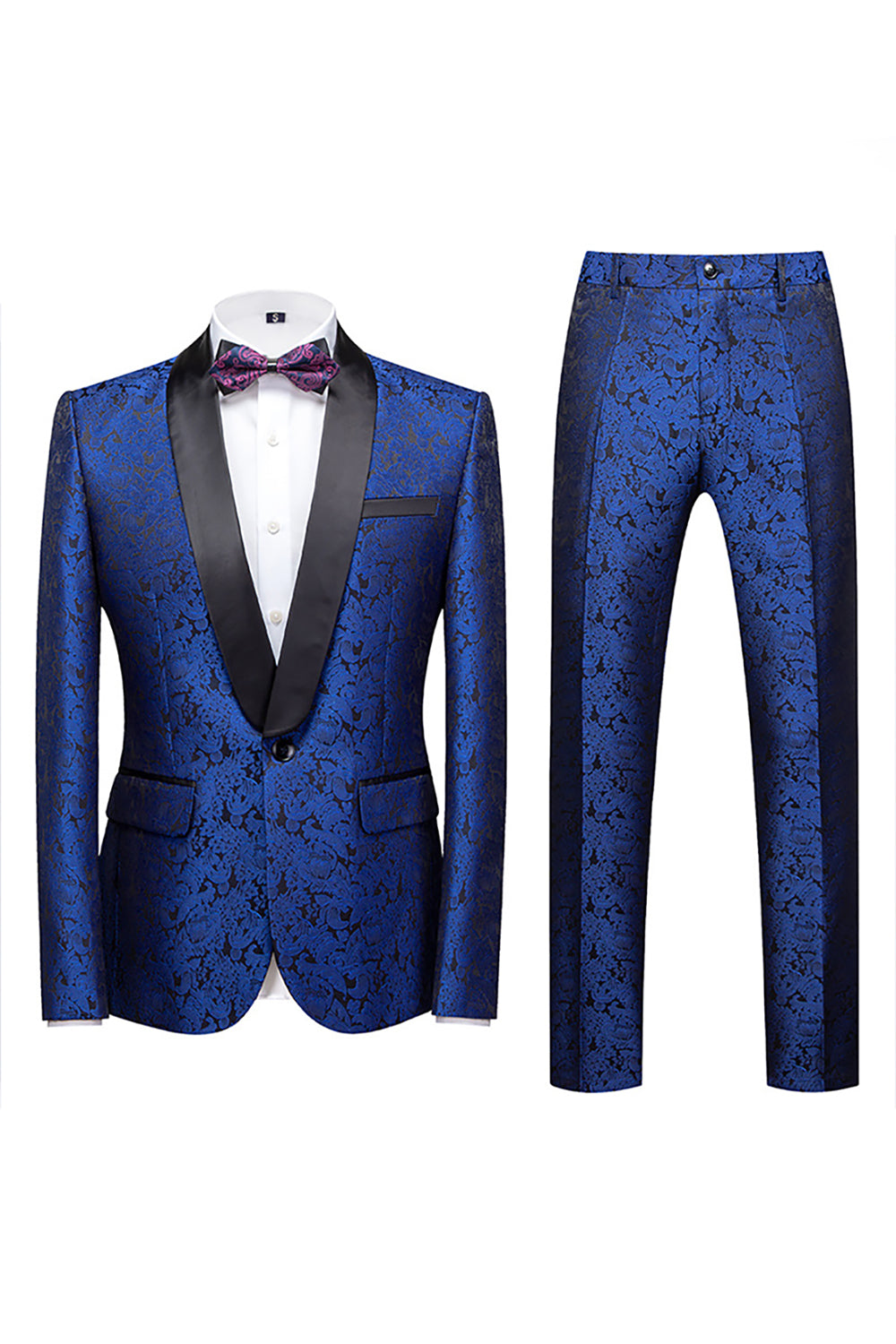 Homrain Men Blue Jacquard 2 Piece Homecoming Suits with Pockets Shawl Lapel Satin One Button Prom Suits