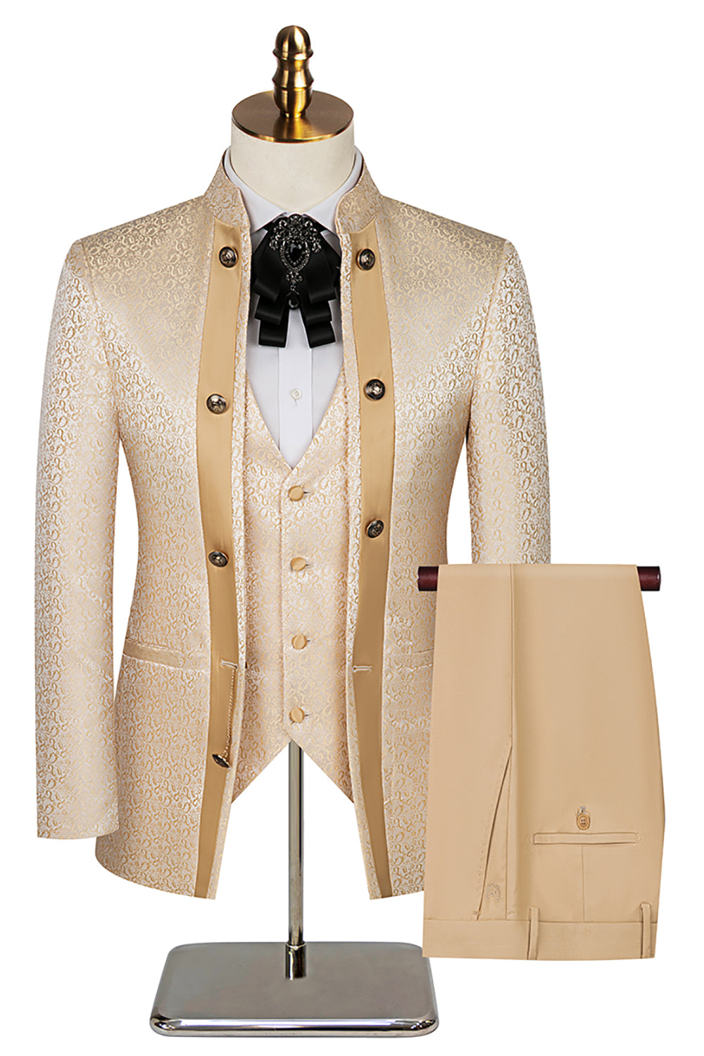 Khaki Double Breasted Jacquard 3 Piece Prom Homecoming Men's Suits