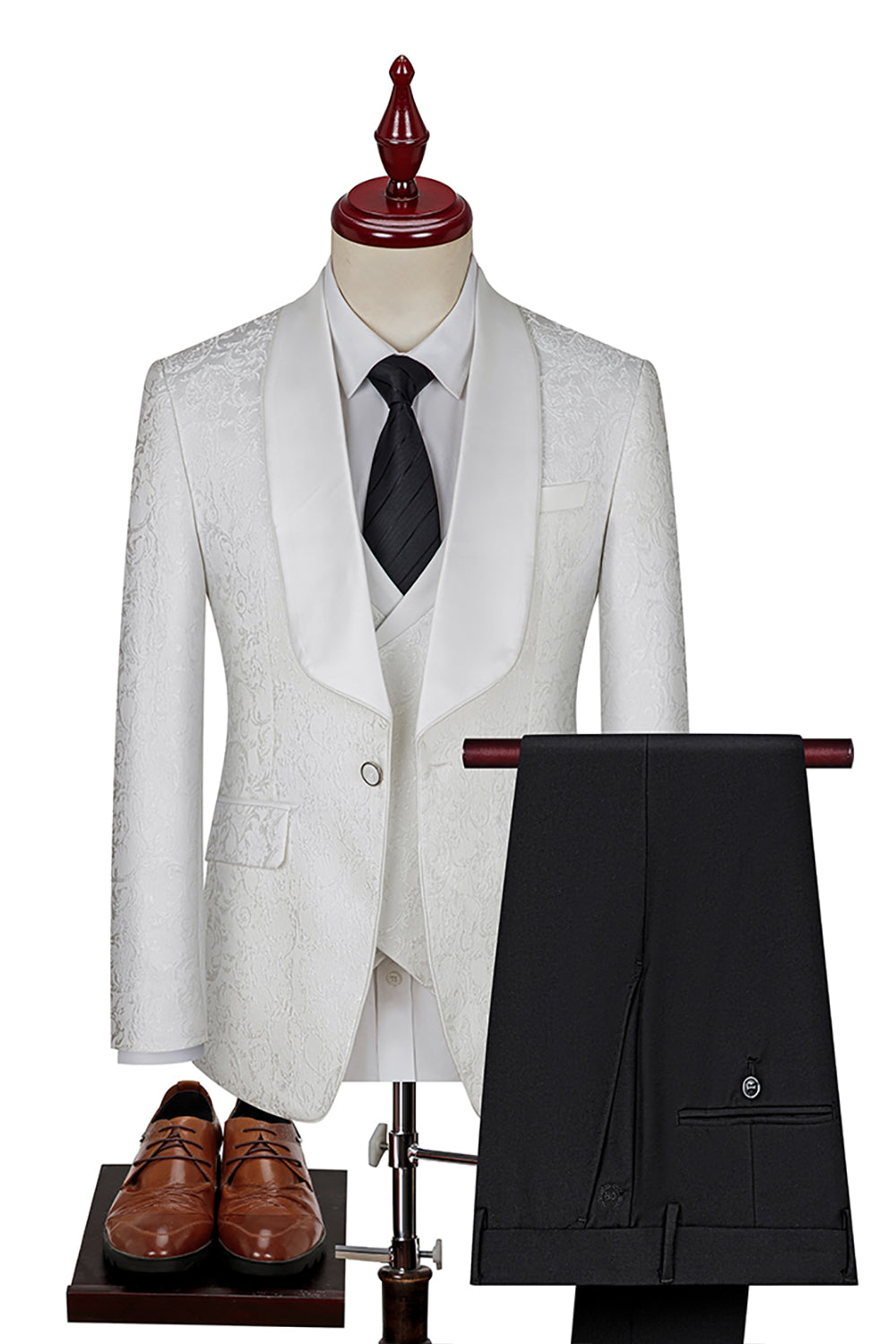 Dark Green Jacquard Shawl Lapel 3 Piece Prom Homecoming Men's Suits