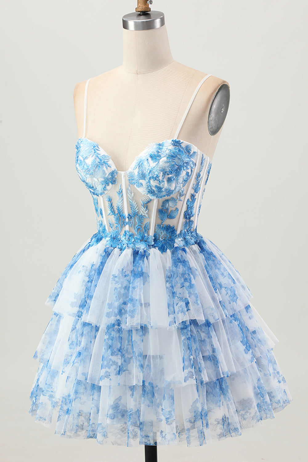 White Blue Floral Corset Tiered A Line Short Homecoming Dress