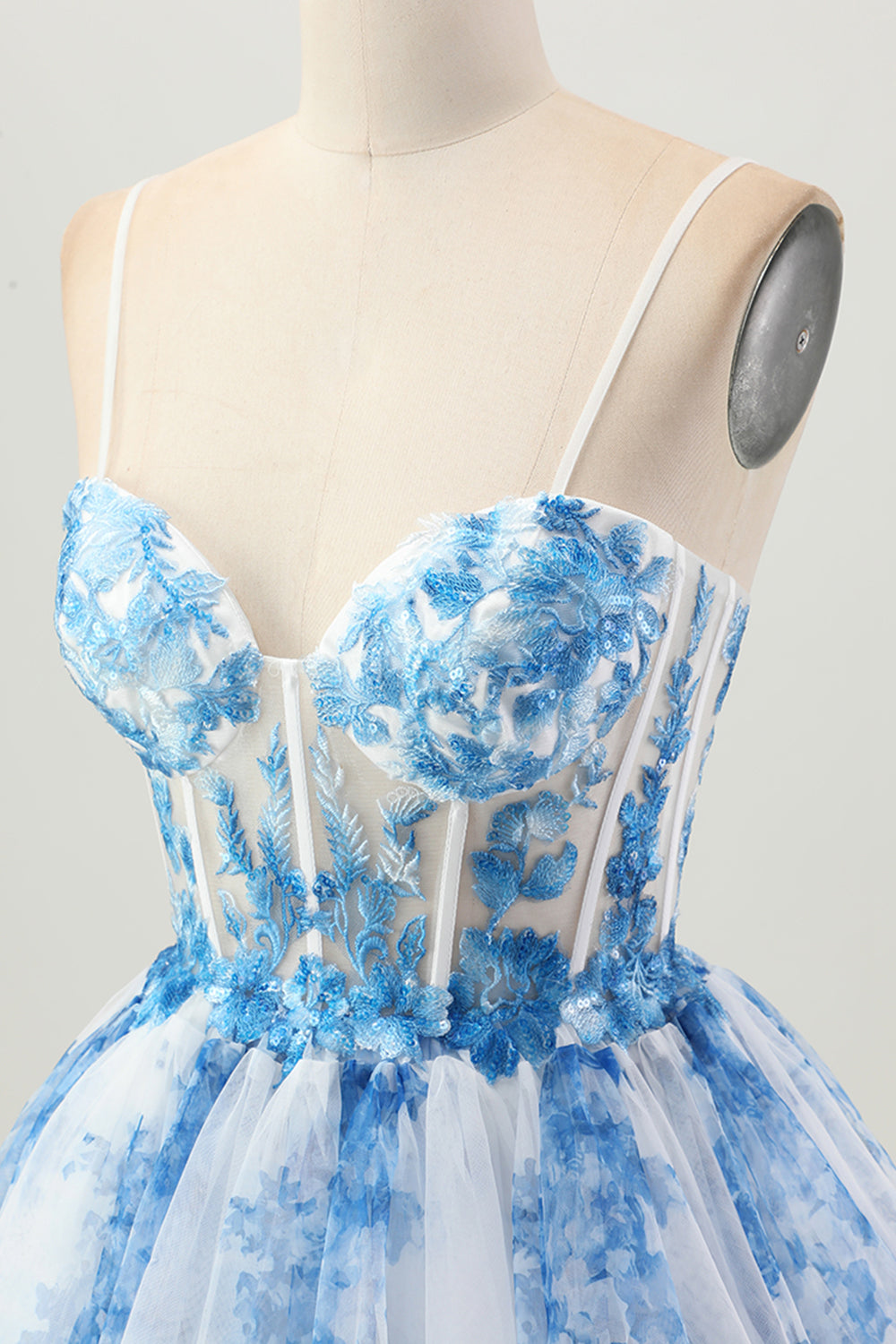 White Blue Floral Corset Tiered A Line Short Homecoming Dress