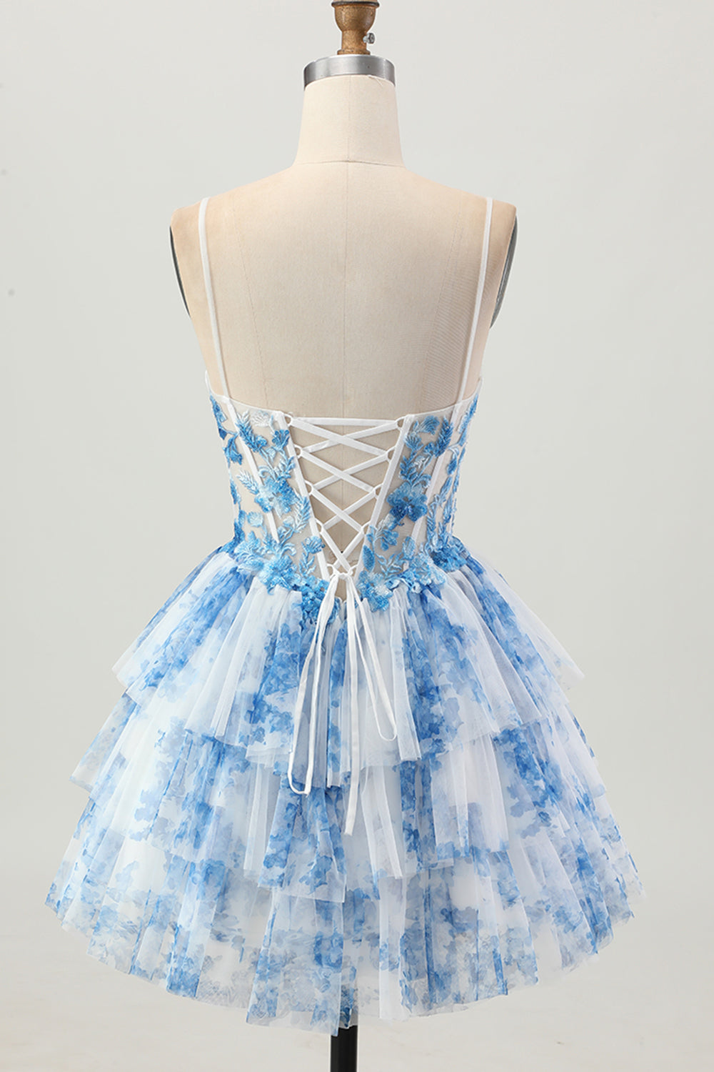 White Blue Floral Corset Tiered A Line Short Homecoming Dress