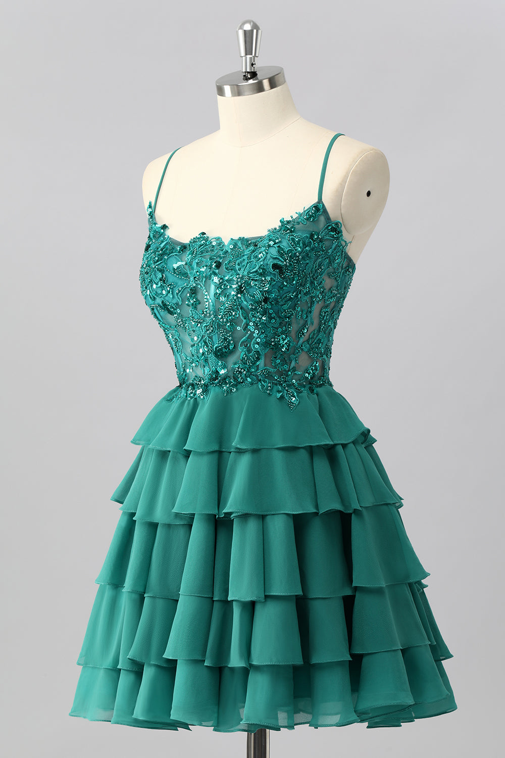 Sparkly Dark Green Corset Beaded Tiered Short Homecoming Dress