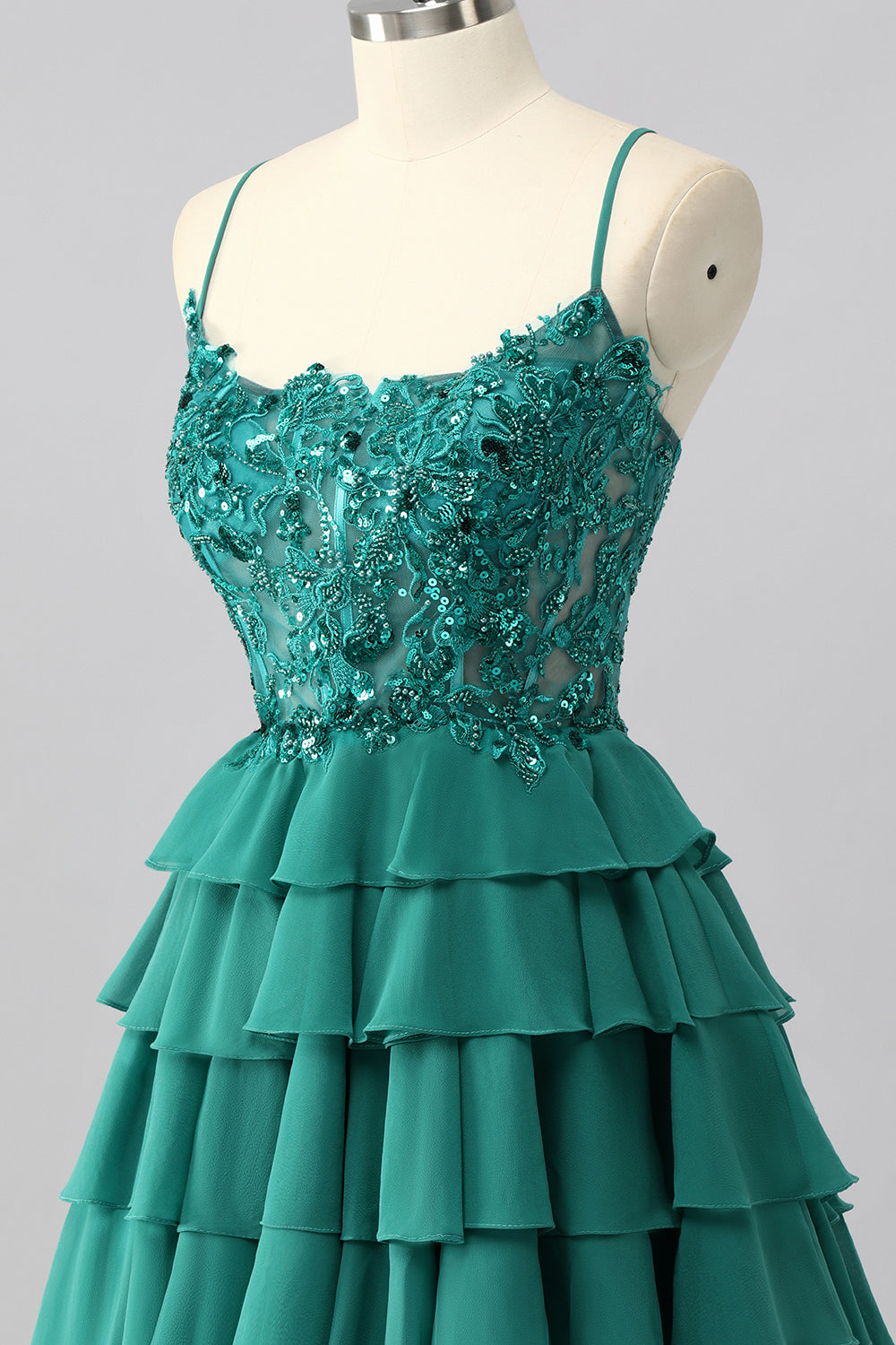 Sparkly Dark Green Corset Beaded Tiered Short Homecoming Dress