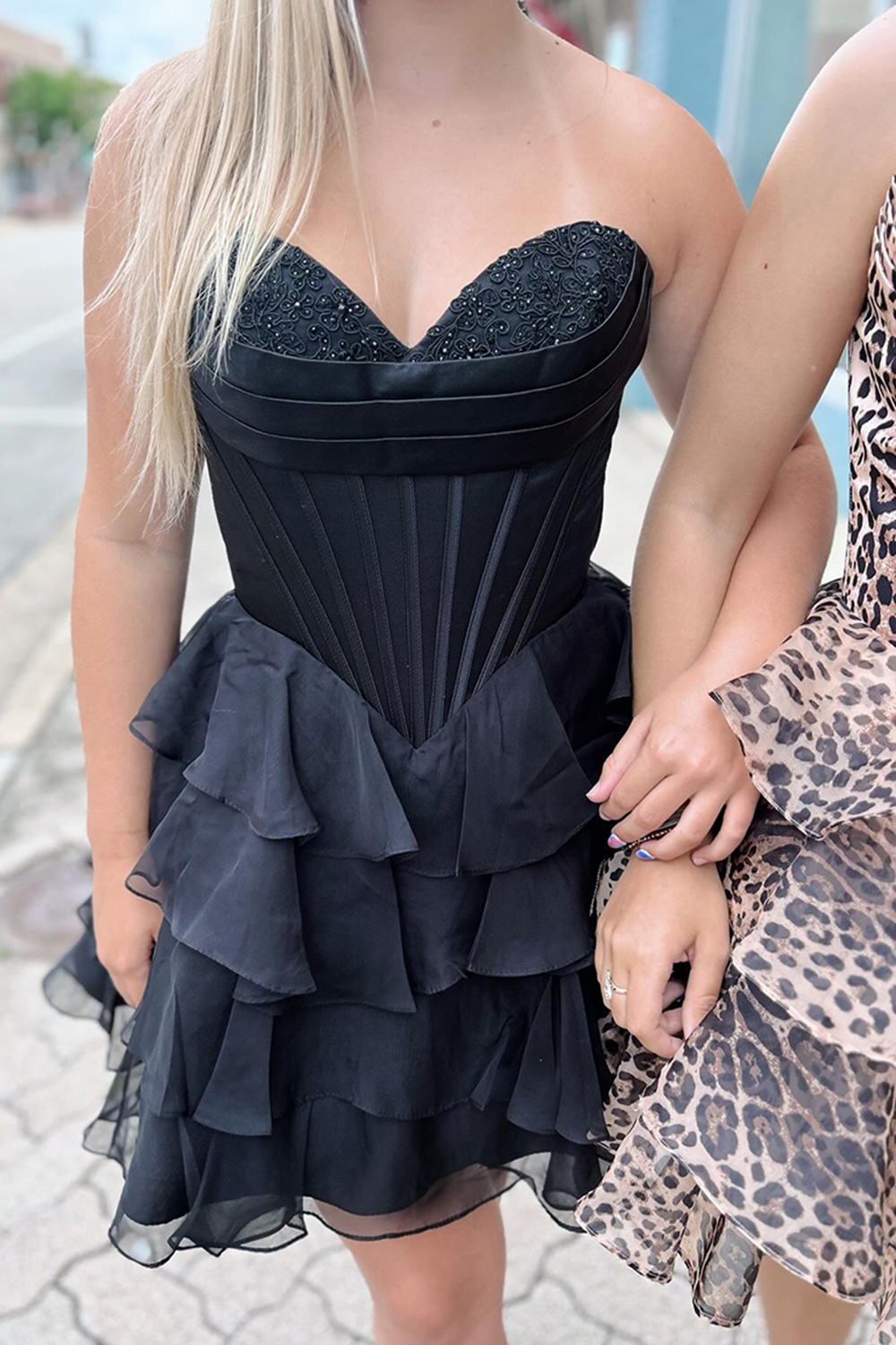 Black Sweetheart Ruffled A-Line Short Corset Homecoming Dress with Appliques