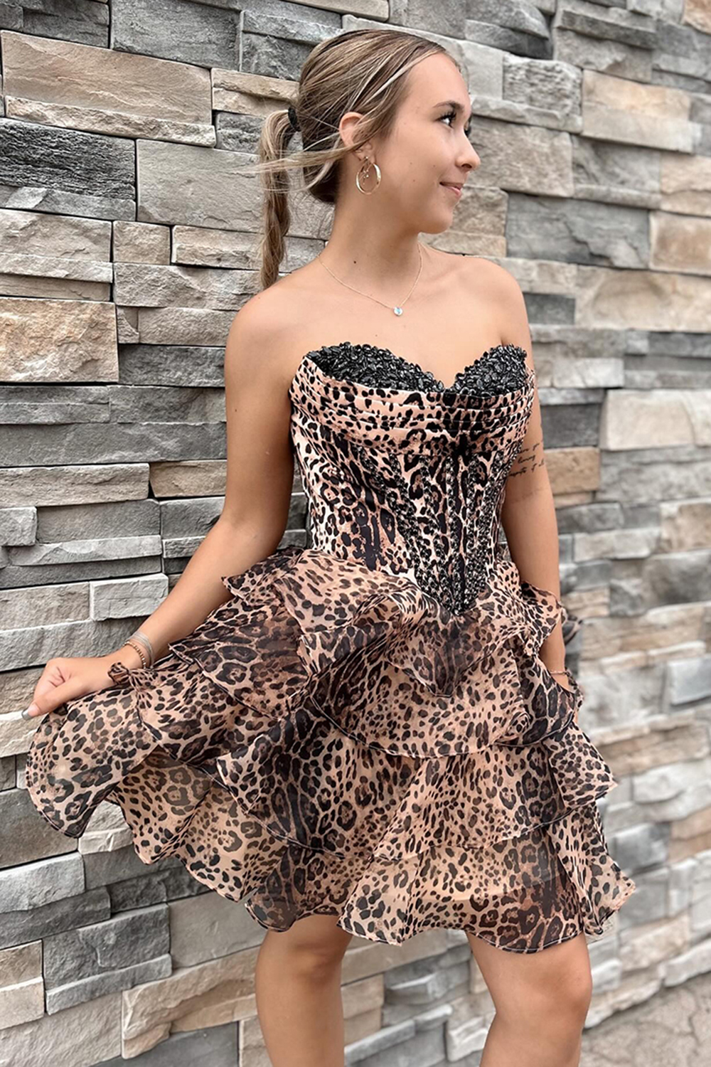 Leopard Sweetheart Tiered A-Line Short Corset Homecoming Dress with Beading