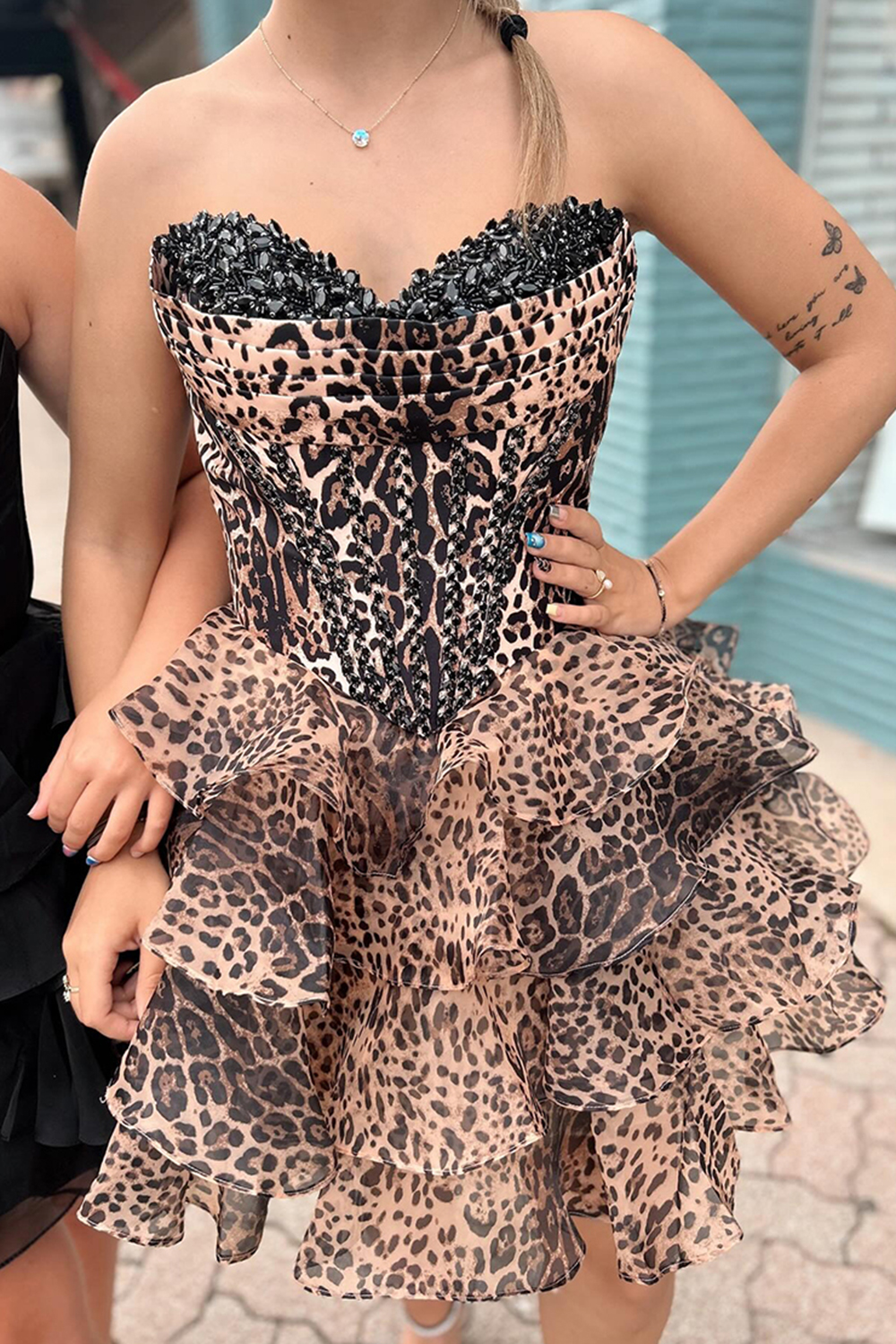 Leopard Sweetheart Tiered A-Line Short Corset Homecoming Dress with Beading