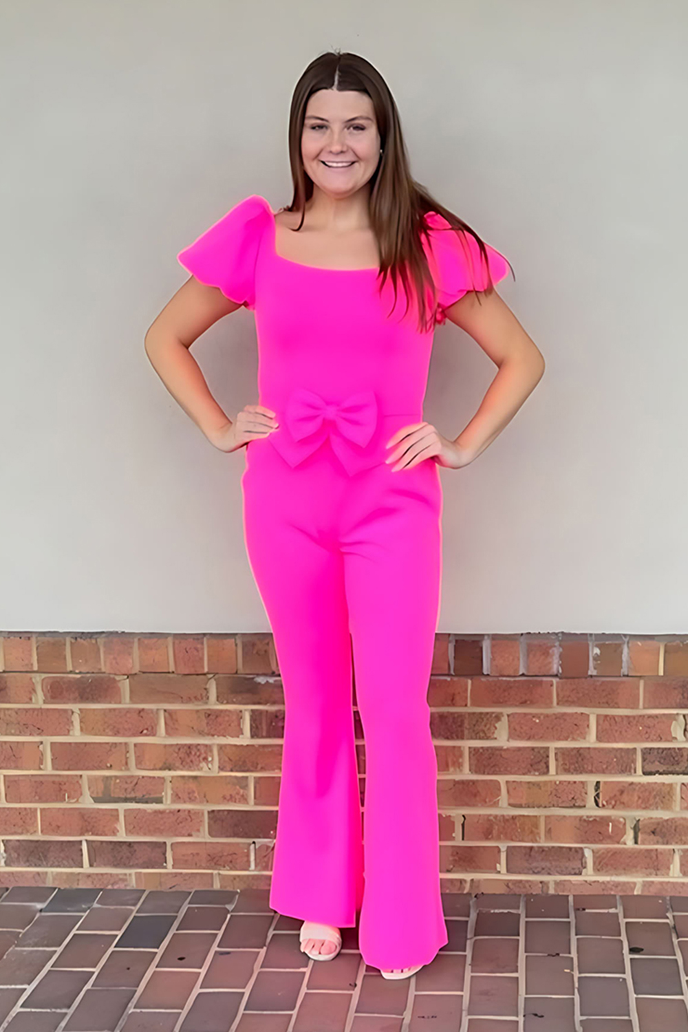 Fuchsia Square Neck Puff Sleeves Homecoming Jumpsuits with Bow