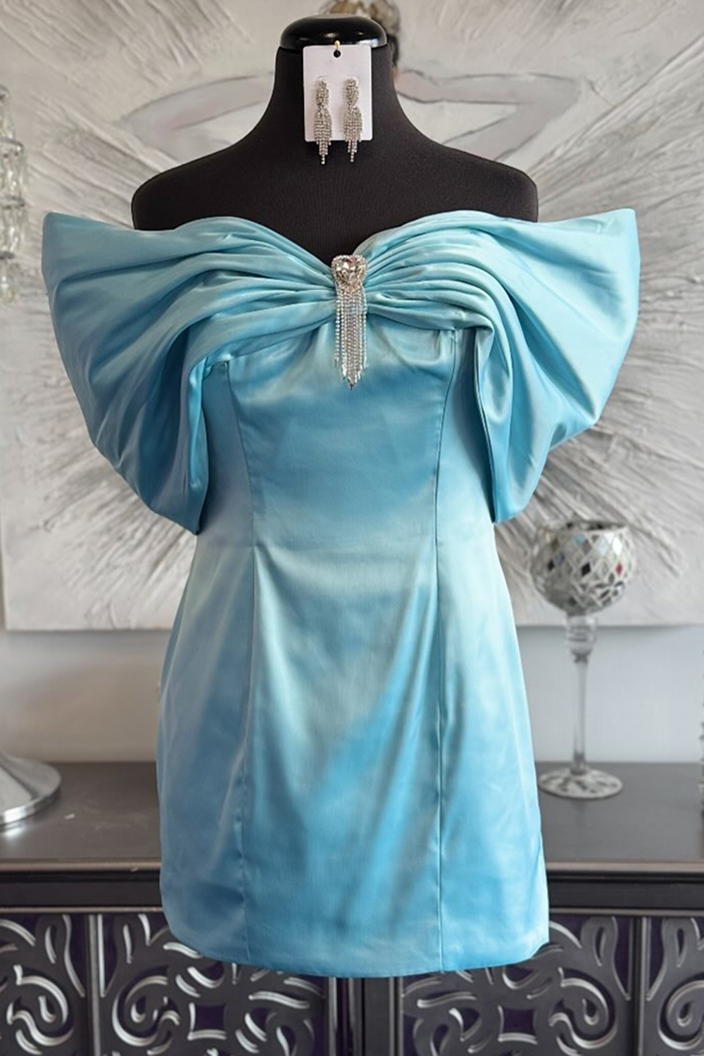 Blue Off the Shoulder Satin Ruched Short Homecoming Dress