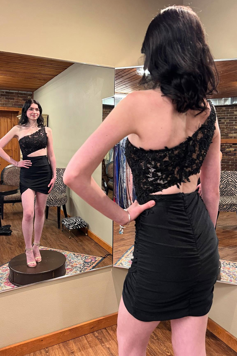 Black One Shoulder Cut-Out Bodycon Short Homecoming Dress with Appliques