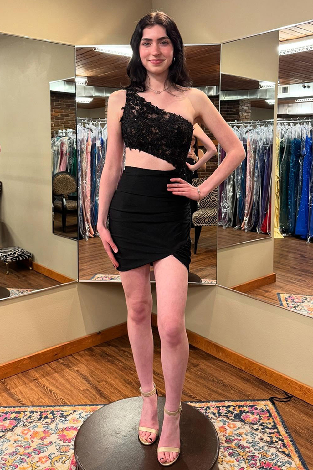 Black One Shoulder Cut-Out Bodycon Short Homecoming Dress with Appliques