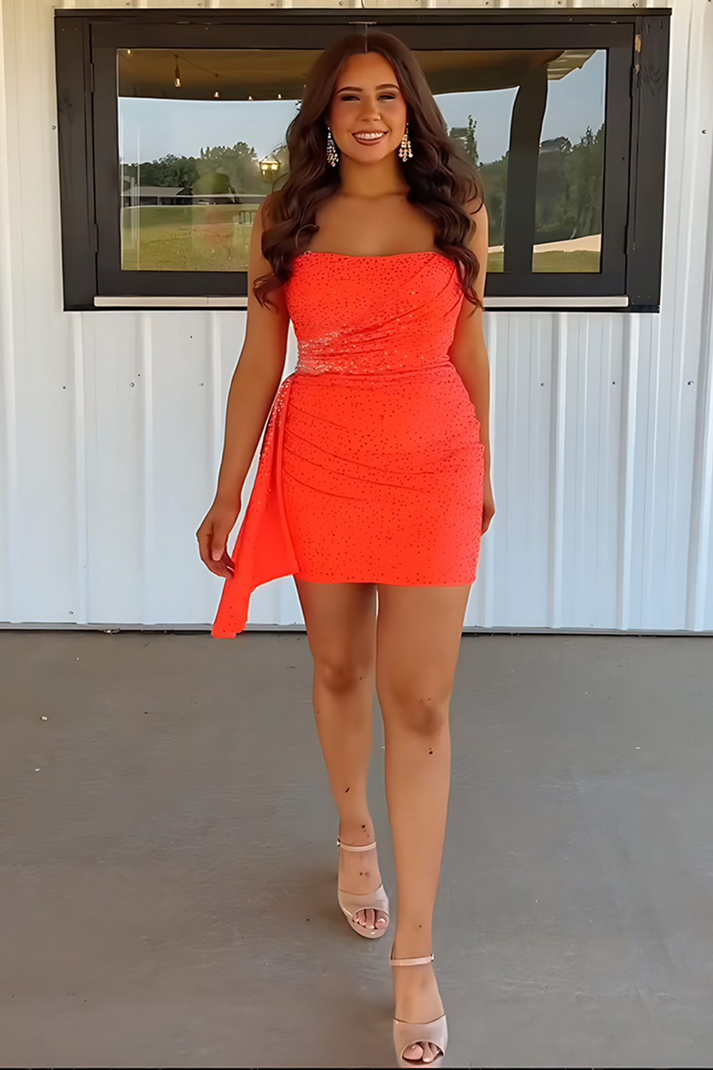 Sparkly Orange Strapless Beaded Short Tight Homecoming Dress with Cape