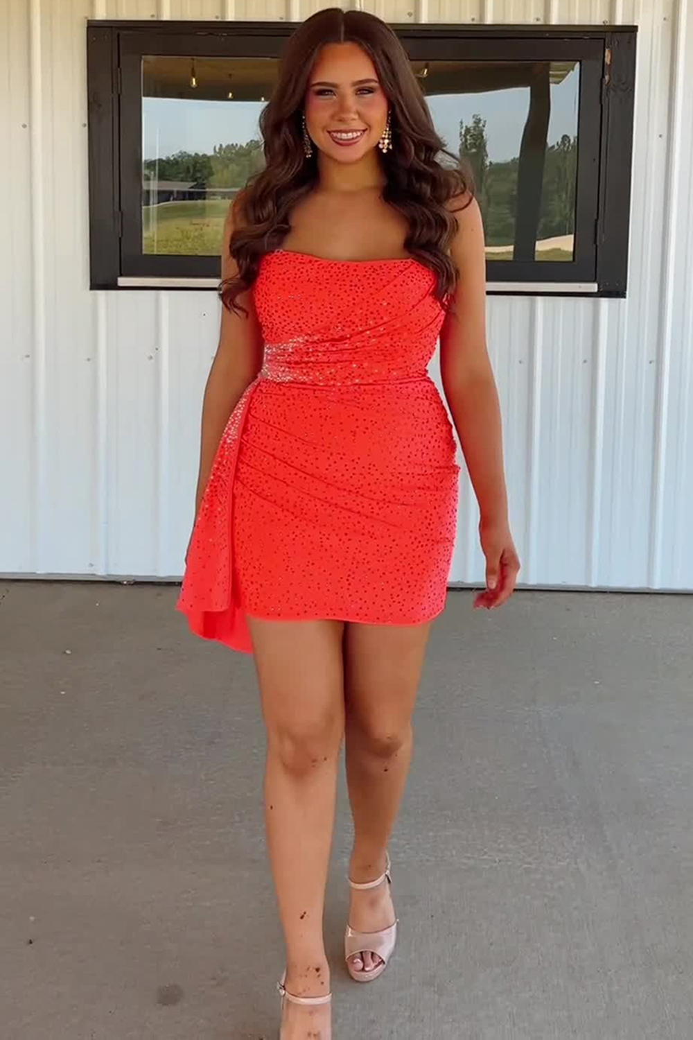 Sparkly Orange Strapless Beaded Short Tight Homecoming Dress with Cape