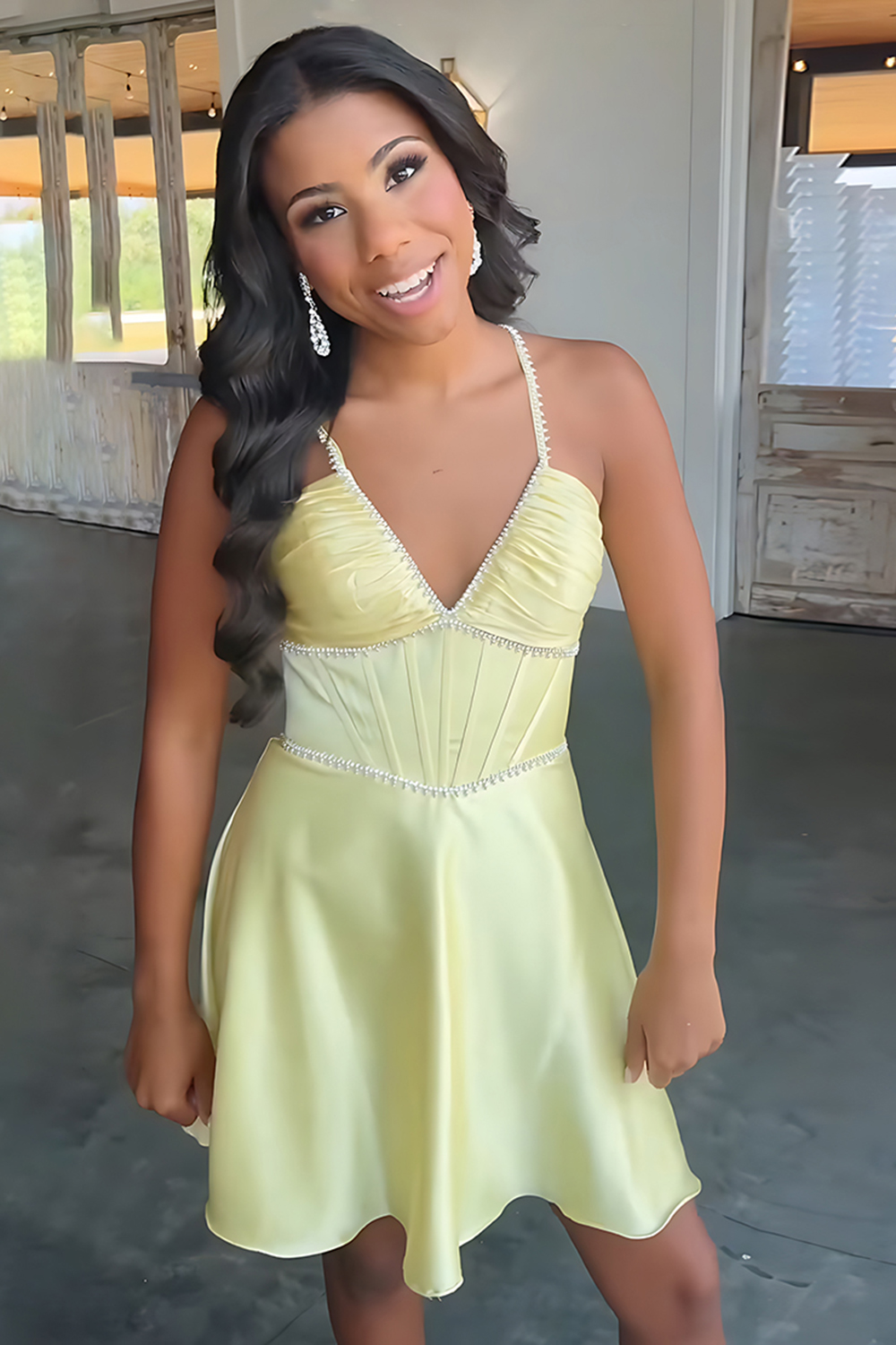 Yellow Halter Satin A-Line Short Corset Homecoming Dress with Beading
