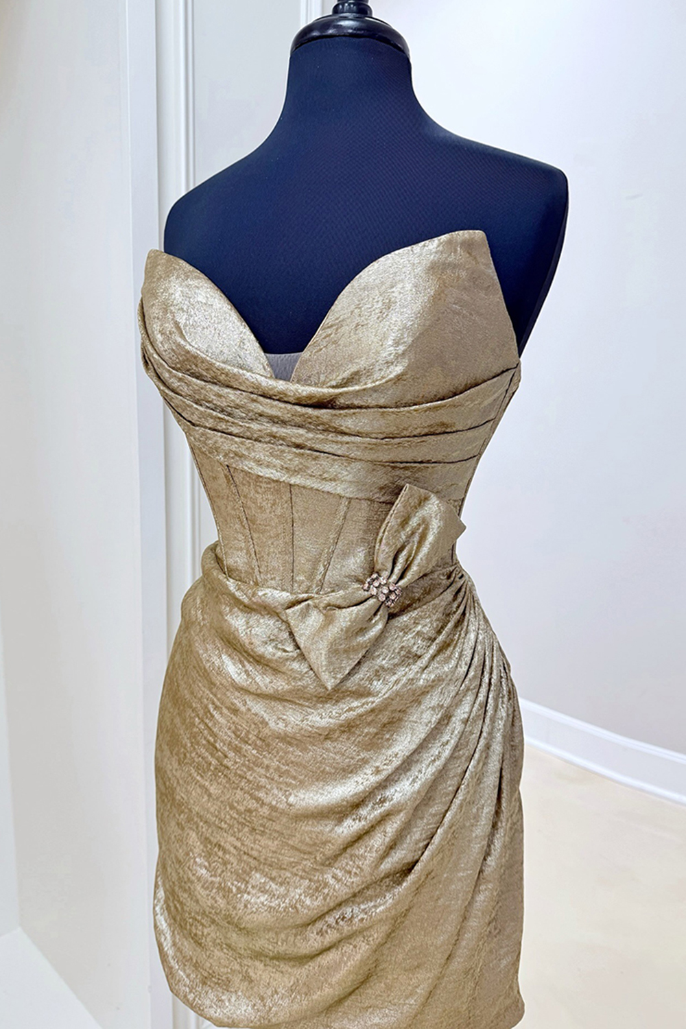 Sparkly Gold Metallic Ruched Short Corset Homecoming Dress with Bow