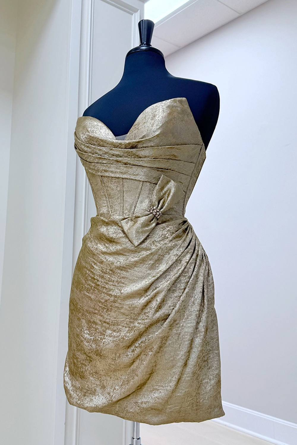 Sparkly Gold Metallic Ruched Short Corset Homecoming Dress with Bow