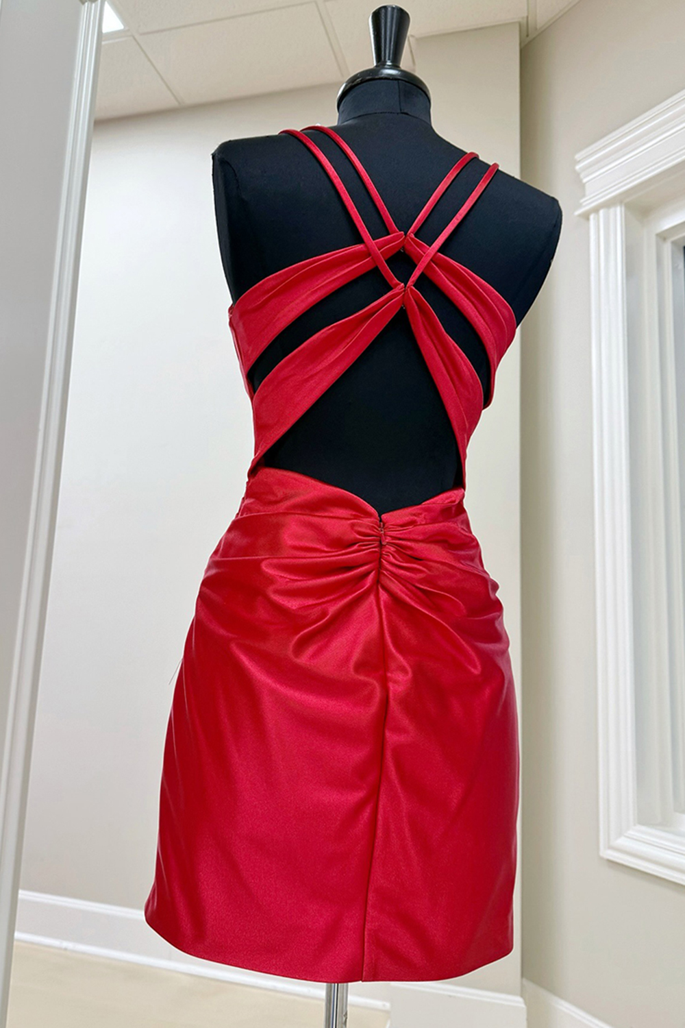 Red Satin Spaghetti Straps Ruched Short Corset Homecoming Dress