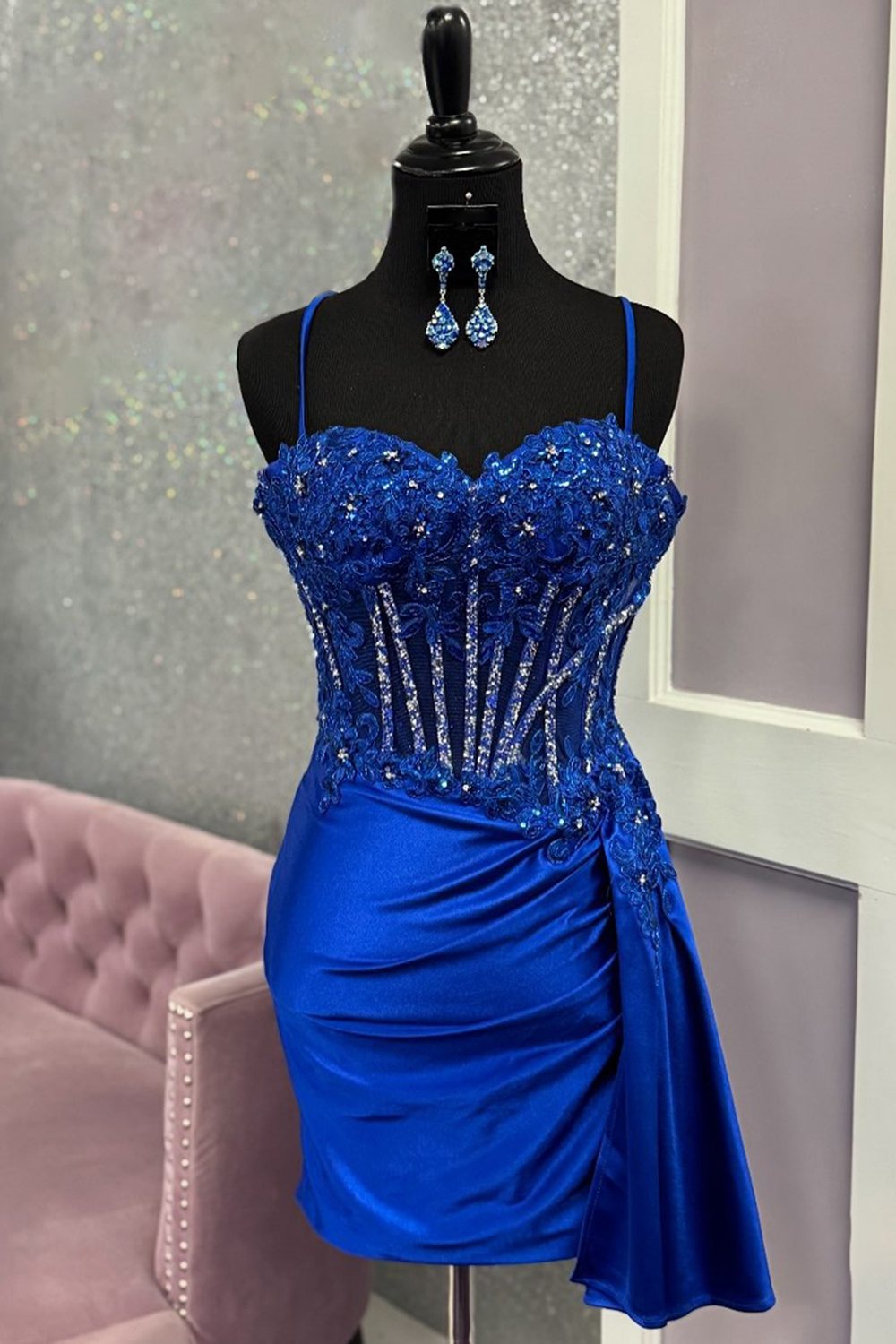 Royal Blue Satin Ruched Short Corset Homecoming Dress with Appliques