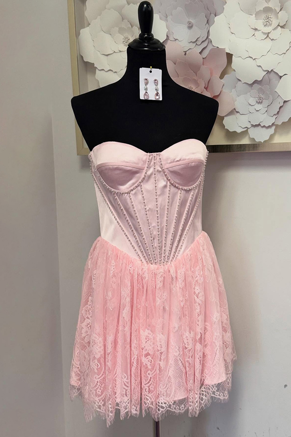 Pink Satin and Lace A-Line Corset Short Homecoming Dress with Beading