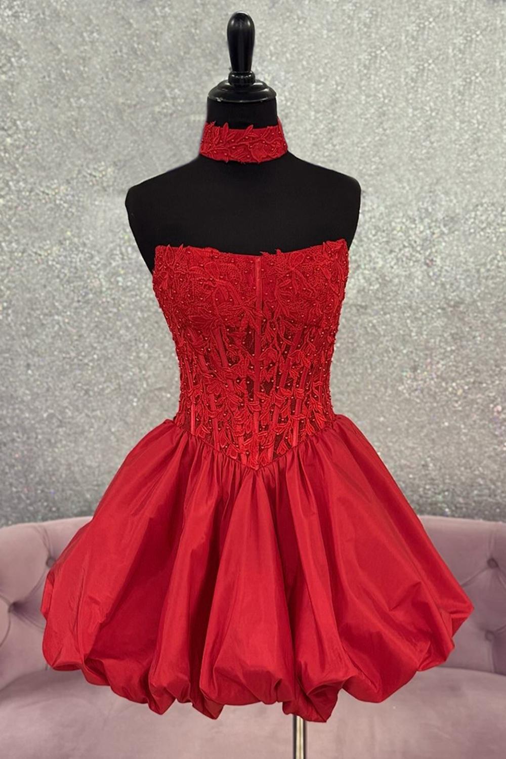 Red Strapless Satin A-Line Corset Short Homecoming Dress with Appliques