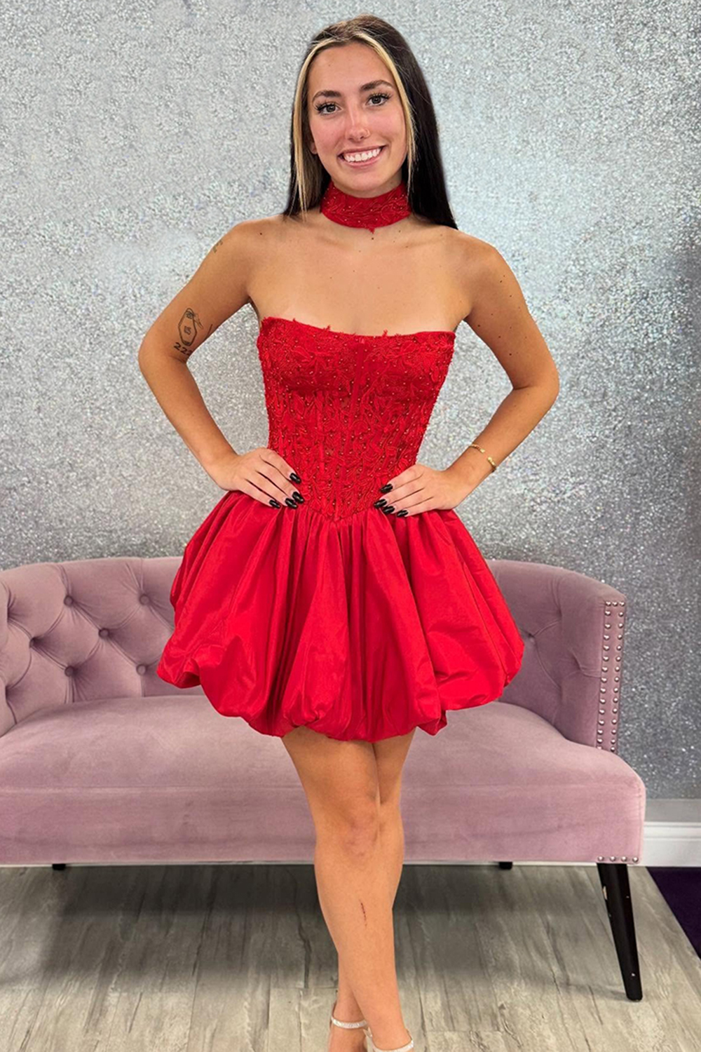 Red Strapless Satin A-Line Corset Short Homecoming Dress with Appliques