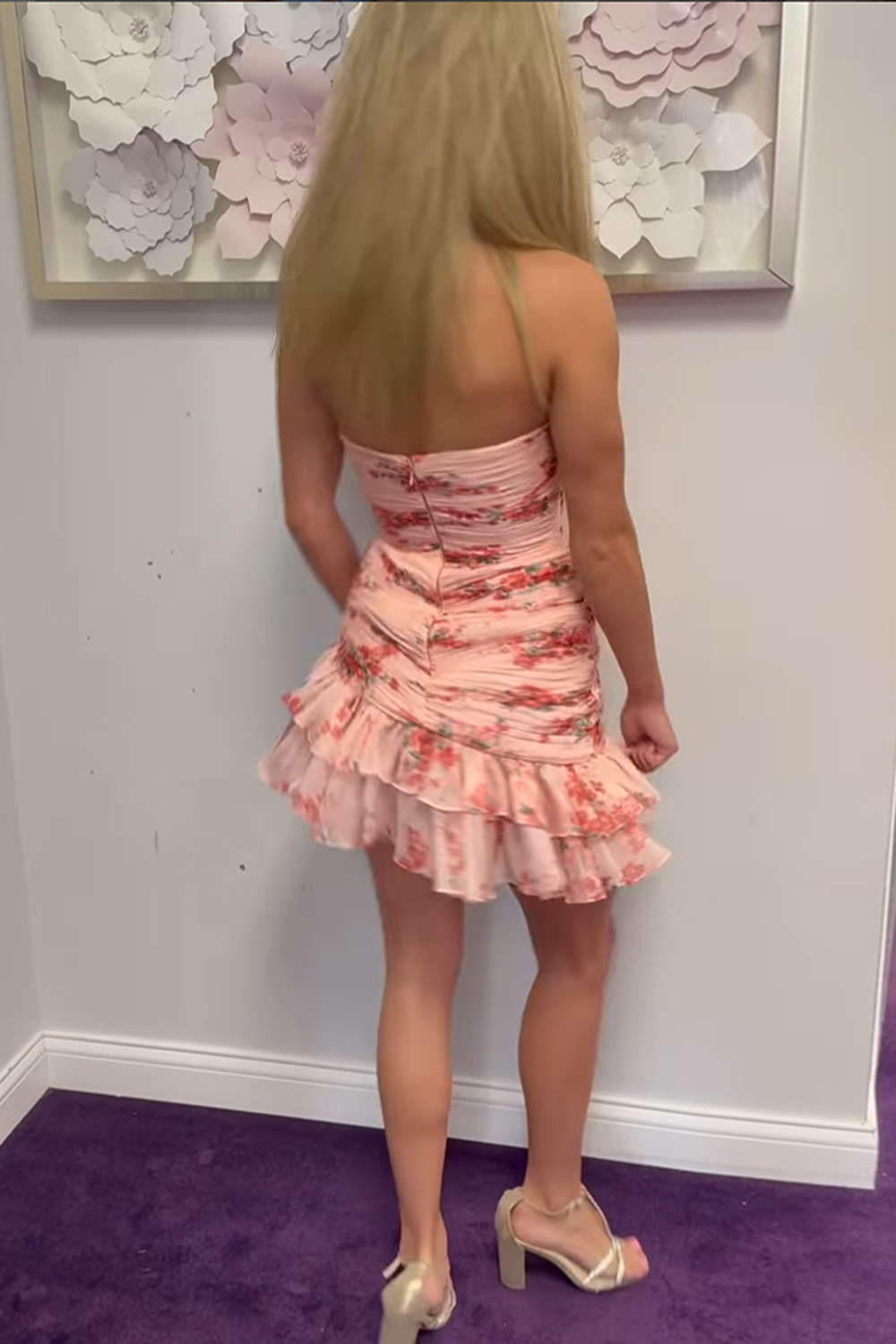 Pink Floral Sweetheart A-Line Ruffled Short Homecoming Dress