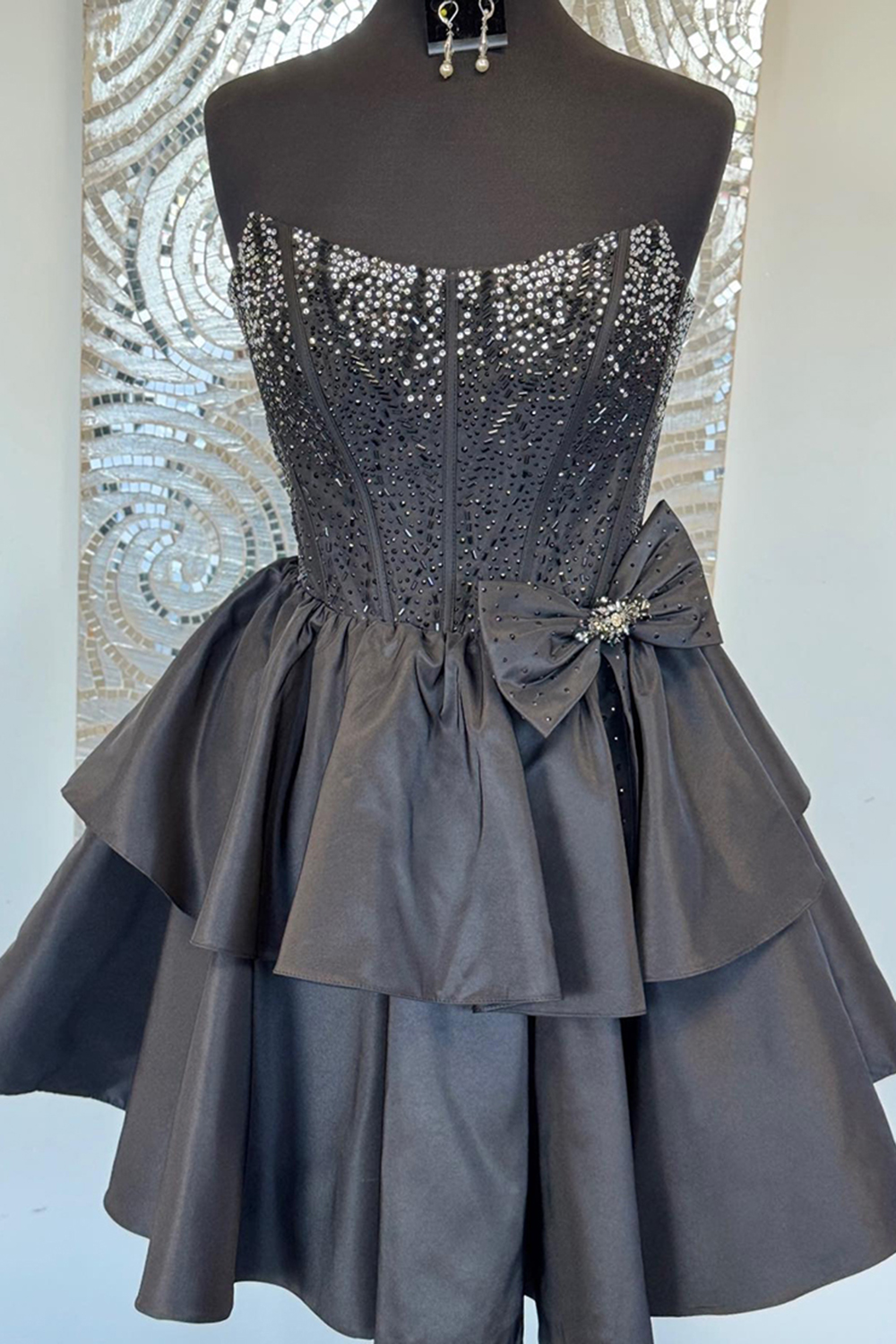 Sparkly Black Satin Tiered Beaded A-Line Corset Short Homecoming Dress with Bow