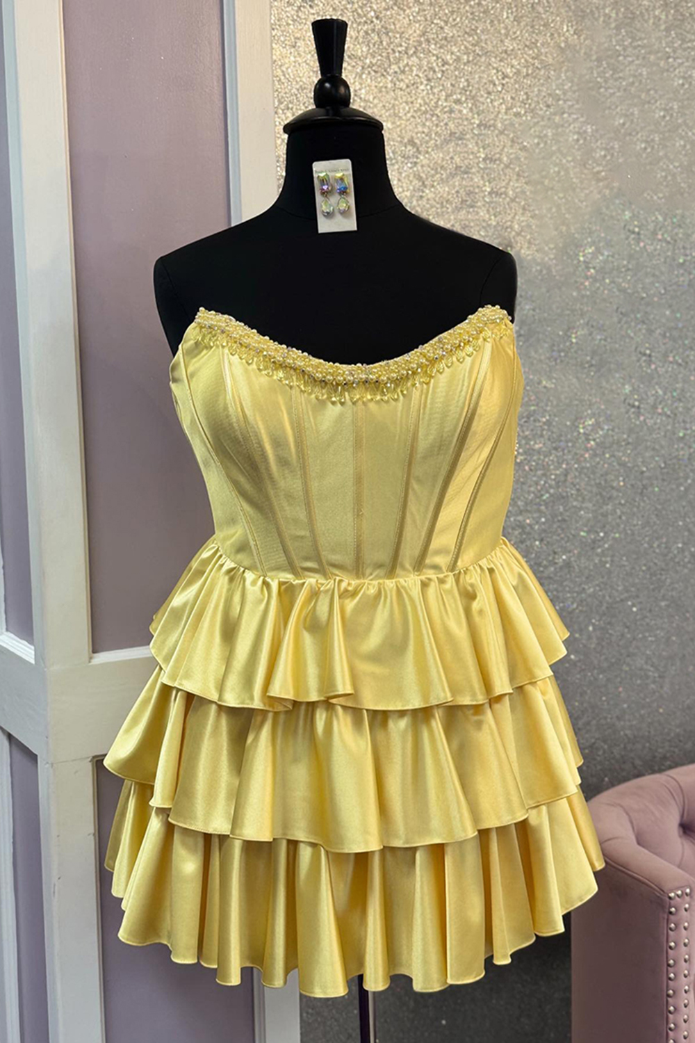 Yellow Satin Tiered A-Line Corset Short Homecoming Dress with Beading