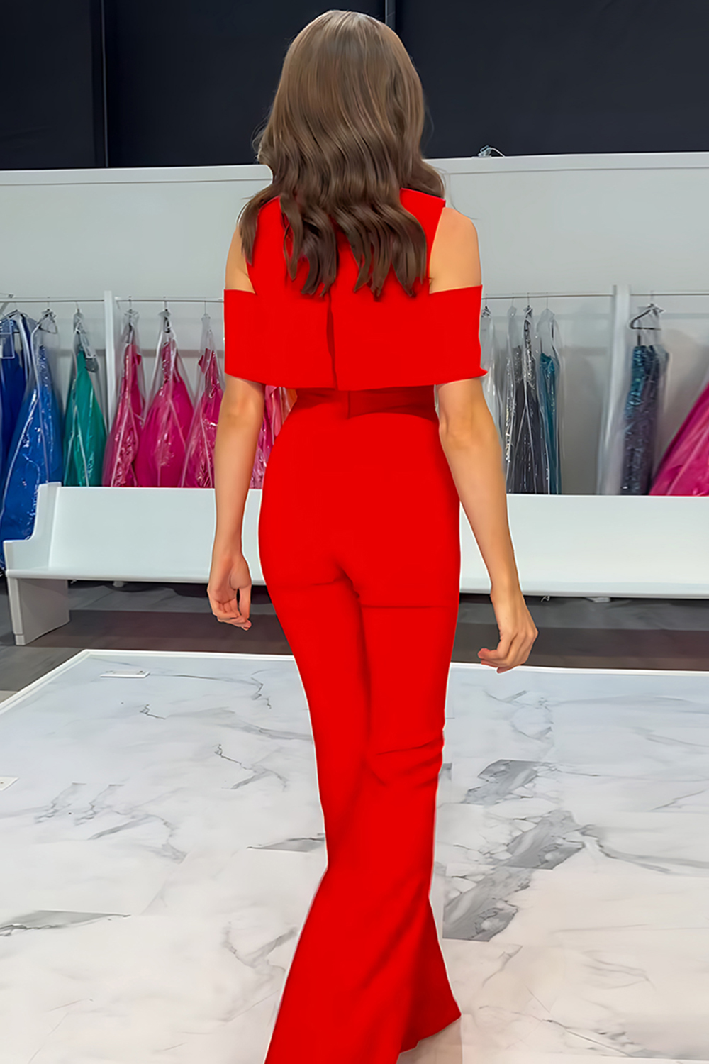 Red Cold Shoulder Satin Tight Long Homecoming Jumpsuits