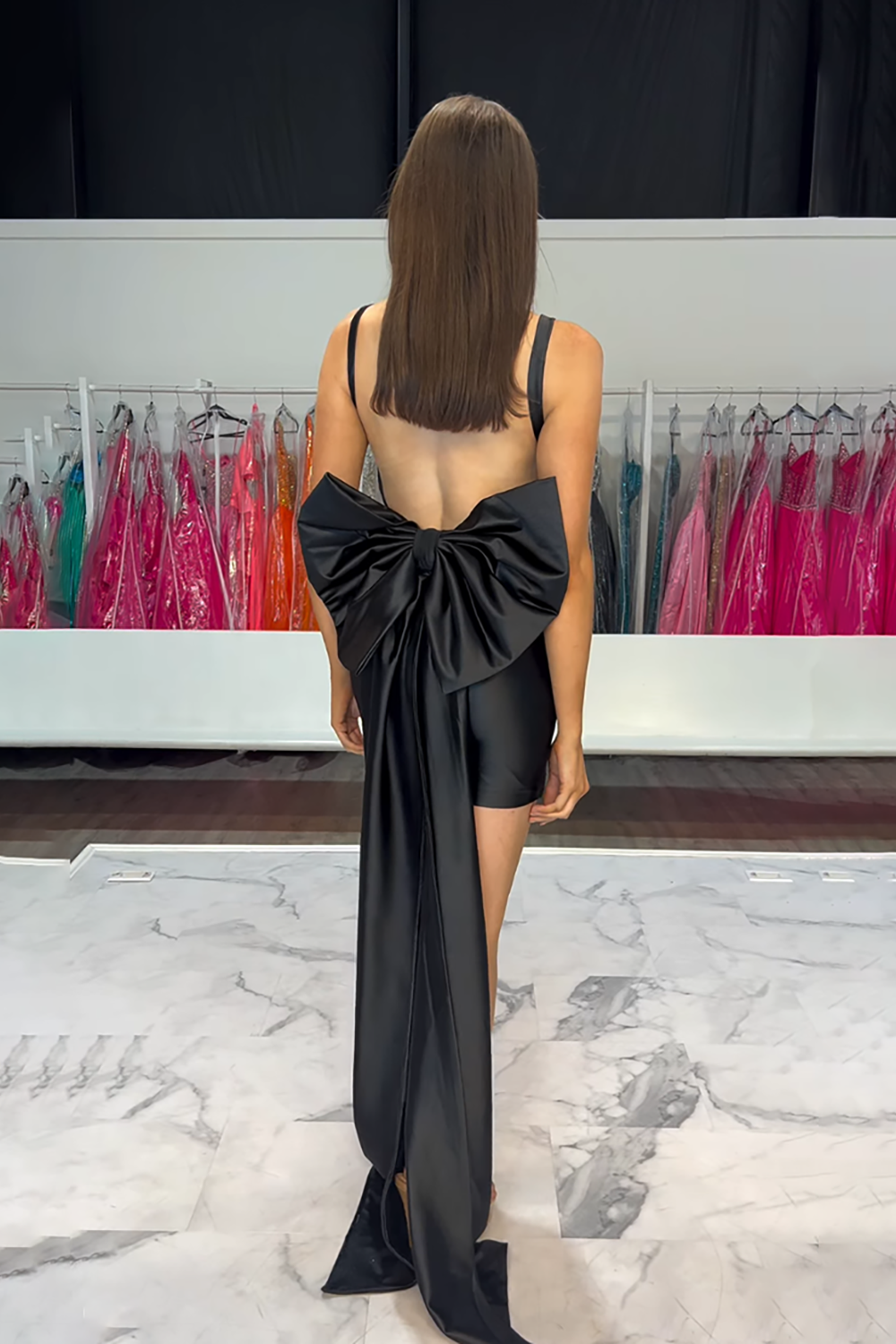 Black Ruched Satin Tight Short Corset Homecoming Dress with Bow