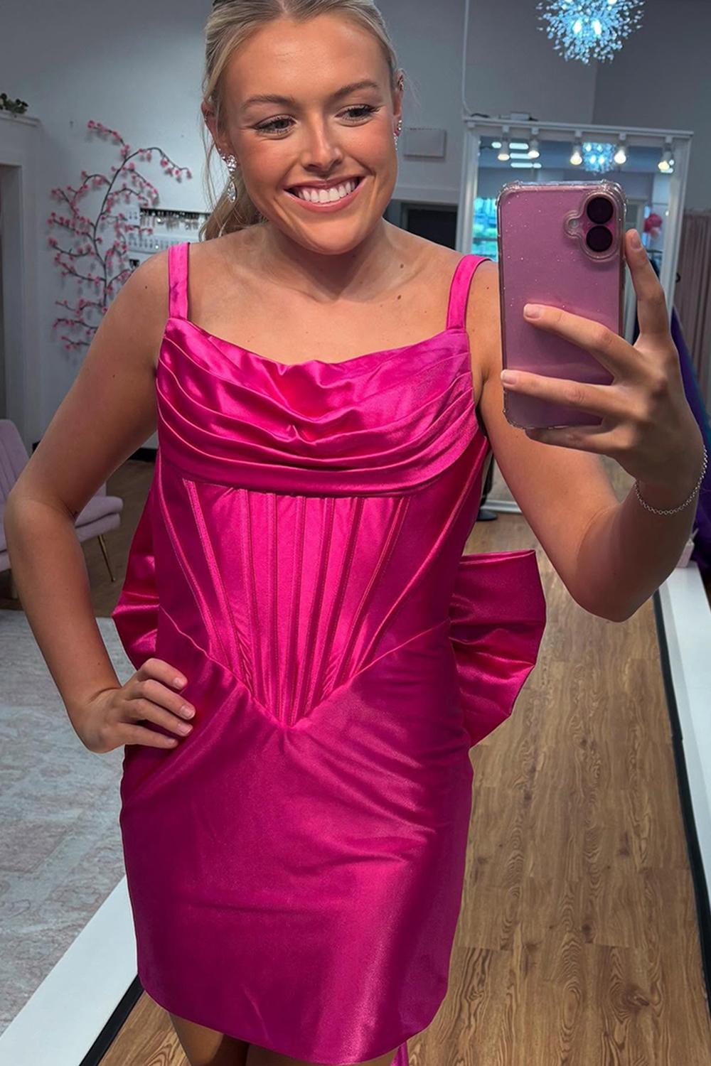 Black Satin Ruched Tight Short Corset Homecoming Dress with Bow