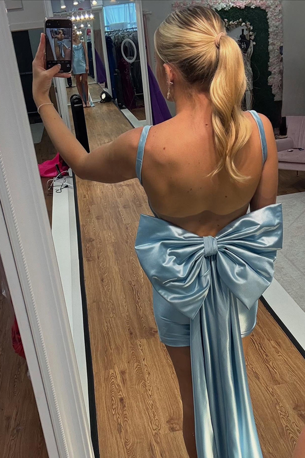 Black Satin Ruched Tight Short Corset Homecoming Dress with Bow