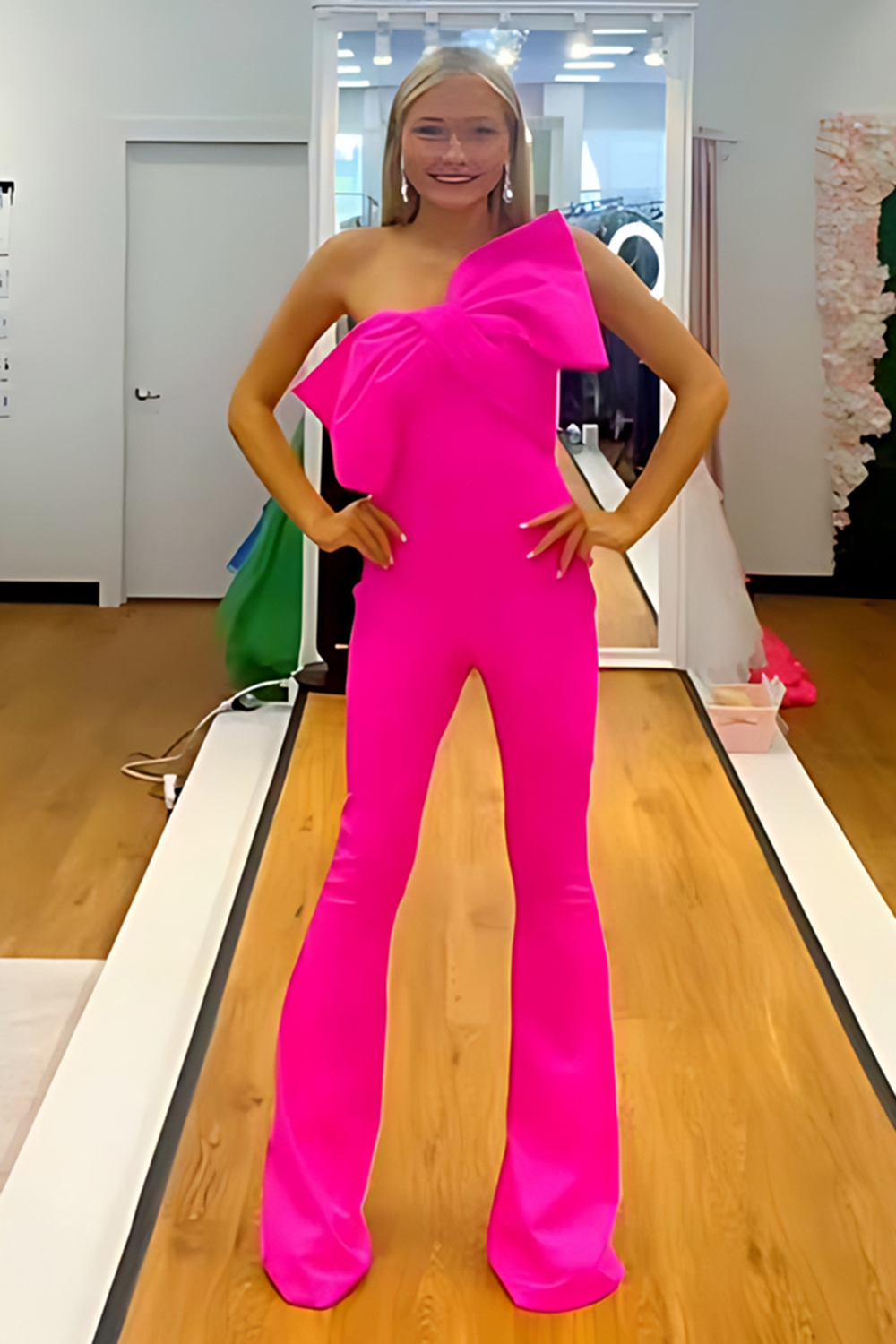 Fuchsia Strapless Satin Tight Long Homecoming Jumpsuits with Bow