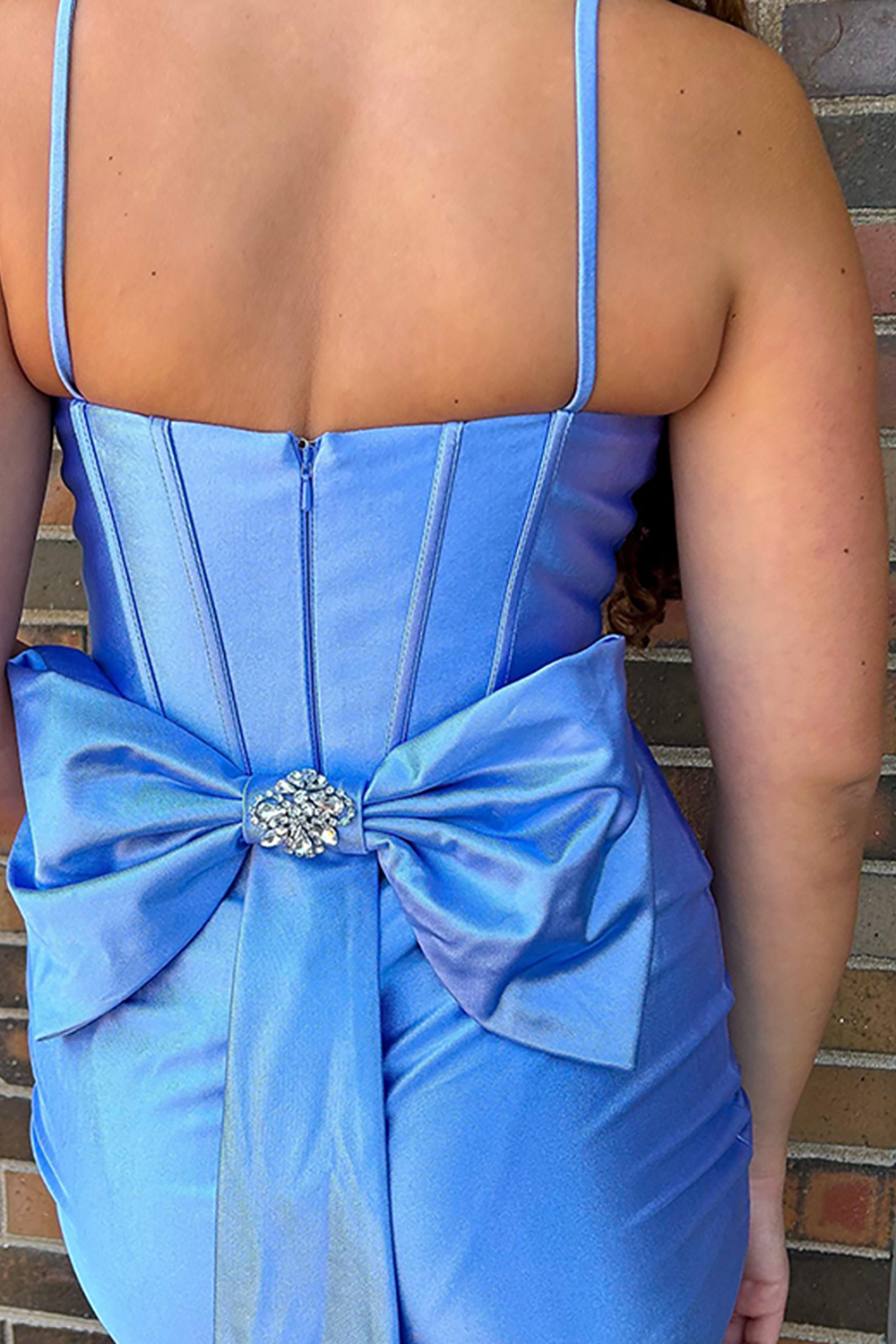 Blue Spaghetti Straps Satin Tight Corset Short Homecoming Dress with Bow