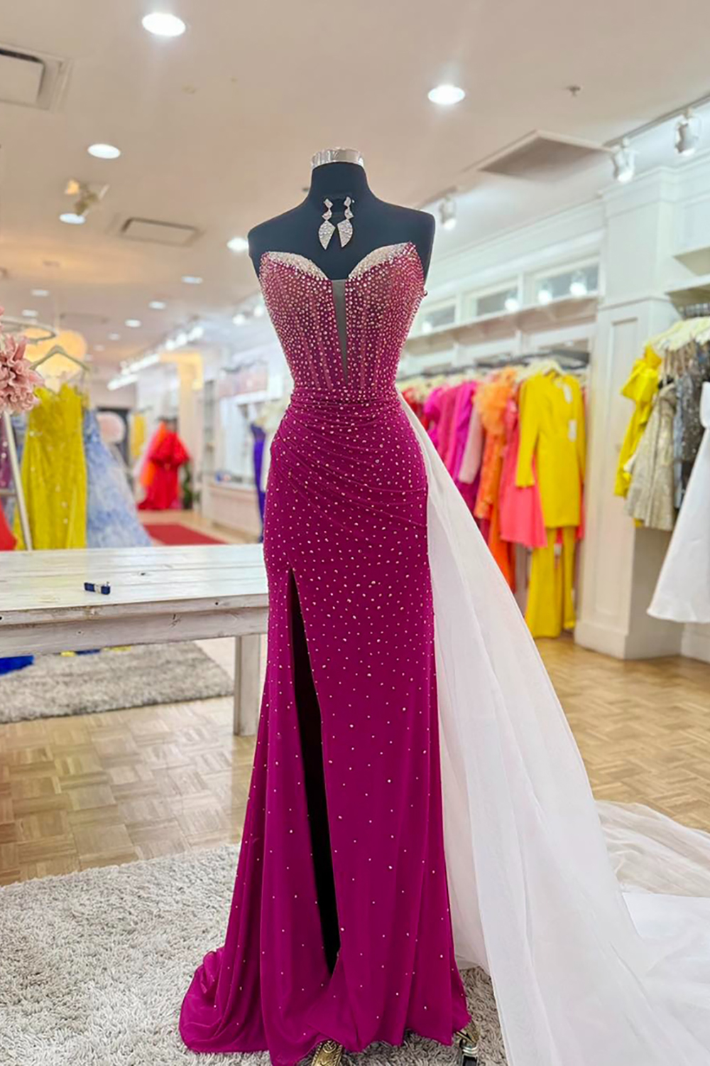 Sparkly Fuchsia Sweetheart Beaded Mermaid Long Prom Dress with Slit