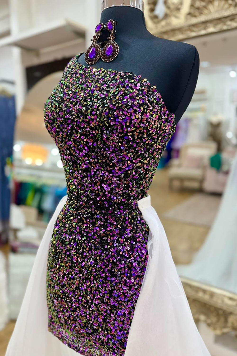 Sparkly Purple One Shoulder Sequin Tight Short Homecoming Dress with Cape